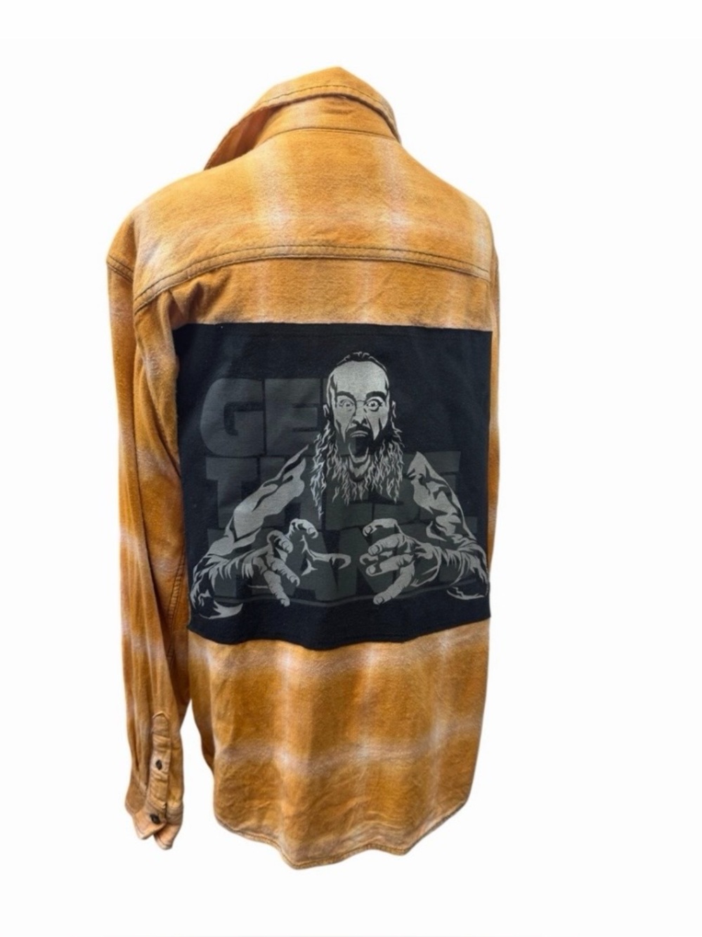 WWE Braun upcycled custom flannel shirt black graphic tee on back bespoke